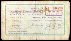 Alcarràs. 1 peseta. (T. 101). Nº 00499. Roto y pegado en la época. Raro. BC.