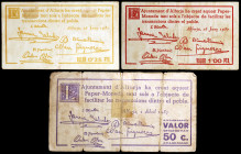Alforja. 25, 50 céntimos y 1 peseta. (T. 134, 136a y 138). 3 billetes. Conjunto raro. BC-/MBC-.