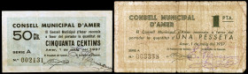 Amer. 50 céntimos y 1 peseta. (T. 187a y 188a). 2 billetes, todos los de la localidad. BC/MBC-.