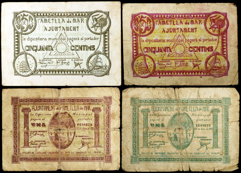 L'Ametlla de Mar. 50 céntimos (dos) y 1 peseta (dos). (T. 189 a 192). 4 billetes...