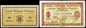 Amposta. 50 céntimos y 1 peseta. (T. 211 y 212). 2 billetes, serie completa, uno con charnela. BC+/MBC-.