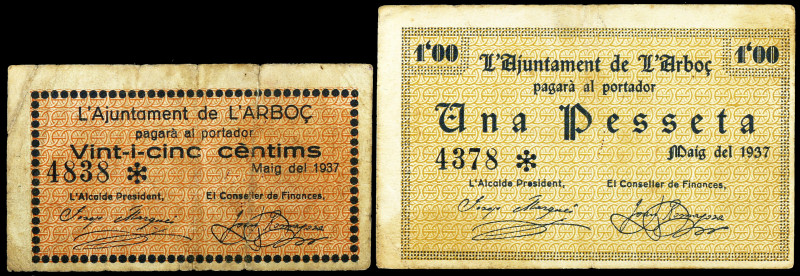 L'Arboç. 25 céntimos y 1 peseta. (T. 225 y 226a). 2 billetes, serie completa. BC...