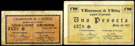 L'Arboç. 25 céntimos y 1 peseta. (T. 225 y 226a). 2 billetes, serie completa. BC/MBC-.