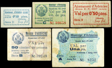 Arbúcies. 10, 25, 50 céntimos (dos) y 1 peseta. (T. 230 a 232, 234 y 236). 5 billetes, una serie completa. Conjunto escaso. BC+/EBC.