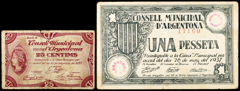 Argentona. 25 céntimos y 1 peseta. (T. 260 y 261c). 2 billetes, todos los de la ...