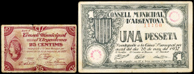 Argentona. 25 céntimos y 1 peseta. (T. 260 y 261c). 2 billetes, todos los de la localidad. BC/MBC-.