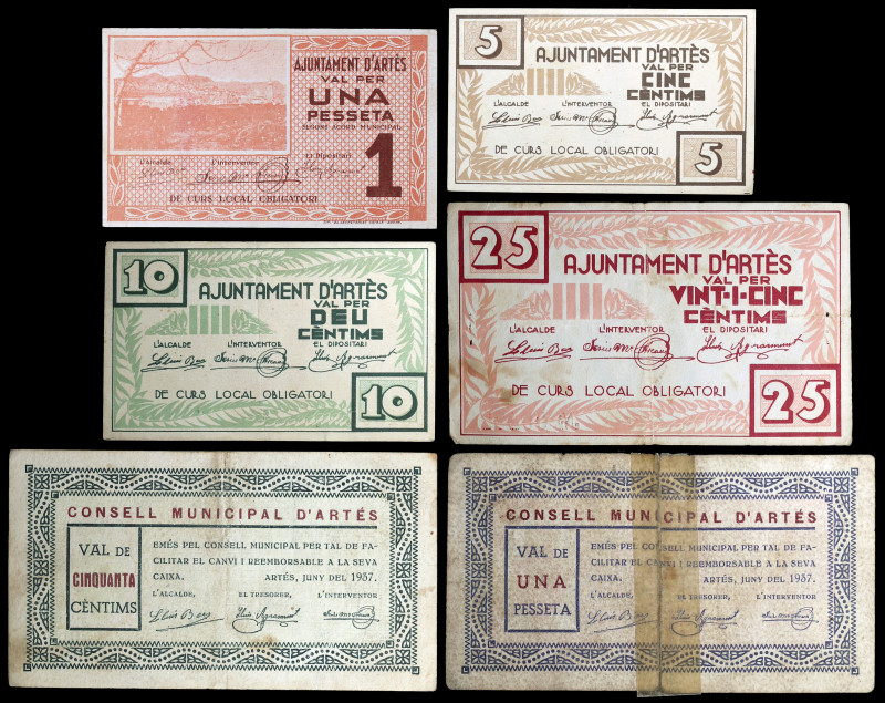 Artés. 5, 10, 25, 50 céntimos y 1 peseta (dos). (T. 275 a 280). 6 billetes, 2 se...