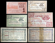 Artés. 5, 10, 25, 50 céntimos y 1 peseta (dos). (T. 275 a 280). 6 billetes, 2 series completas. Conjunto escaso. BC/EBC.