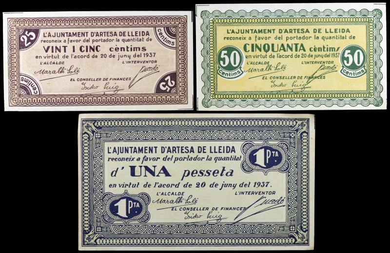Artesa de Lleida. 25, 50 céntimos y 1 peseta. (T. 287 a 289). 3 billetes, serie ...