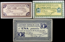 Artesa de Lleida. 25, 50 céntimos y 1 peseta. (T. 287 a 289). 3 billetes, serie completa. EBC-/EBC+.
