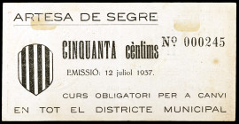 Artesa de Segre. 50 céntimos. (T. 298). Nº 000245. Escaso. MBC.