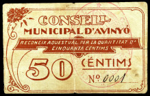 Avinyó. 50 céntimos. (T. 311). Nº 0001. Raro. BC+.