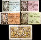 Baix Montseny. 10, 25, 50 céntimos (dos) y 1 peseta. (T. 333 y 335 a 338). 5 billetes, una serie completa. BC/MBC+.