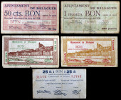 Balaguer. 25, 50 céntimos (dos) y 1 peseta (dos). (T. 339 a 343). 5 billetes, 2 series completas. BC/MBC+.