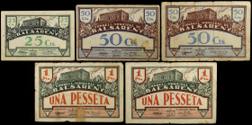 Balsareny. 25, 50 céntimos (dos) y 1 peseta (dos). (T. 347a, 348a, 349a, 350a y 351a). 5 billetes, 2 series completas con y sin ermita. Numeraciones b...