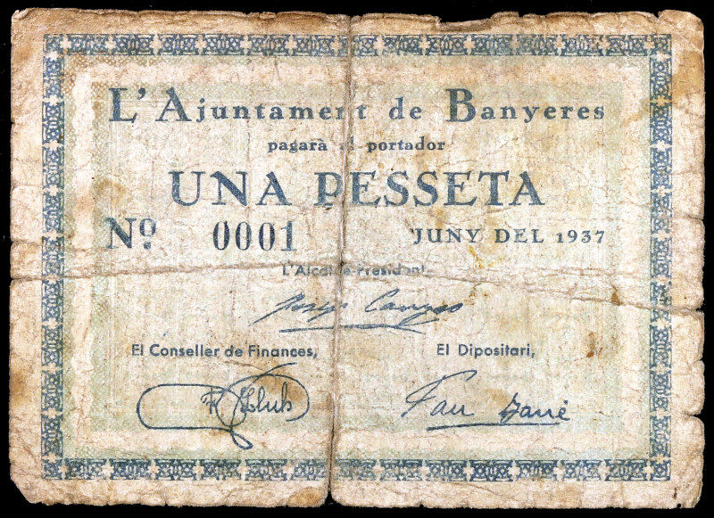 Banyeres. 1 peseta. (T. 353 var). Nº 0001, sin tampón en reverso. Escaso. BC-.