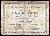 Banyeres. 1 peseta. (T. 353 var). Nº 0001, sin tampón en reverso. Escaso. BC-.
