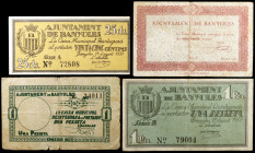 Banyoles. 25, 50 céntimos y 1 peseta (dos). (T. 355, 356a, 357 y 358a). 4 billetes, todos los de la localidad. BC/EBC.