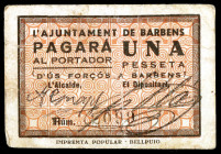 Barbens. 1 peseta. (T. 360). Cartón. Escaso. BC+.