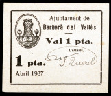 Barberà del Vallès. 1 peseta. (T. 369). Cartón nº 47. Único billete emitido en esta localidad. Raro. EBC-.