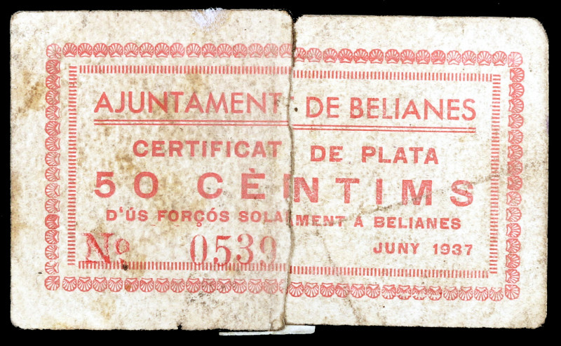 Belianes. 50 céntimos. (T. 418). Cartón roto y pegado en la época. Raro. (BC)....