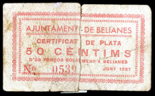 Belianes. 50 céntimos. (T. 418). Cartón roto y pegado en la época. Raro. (BC).
