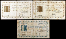 Bellcaire d'Urgell. 50 céntimos (dos) y 1 peseta. (T. 437a, 438b y 440). 3 billetes, una serie completa. Conjunto raro. BC/BC+.