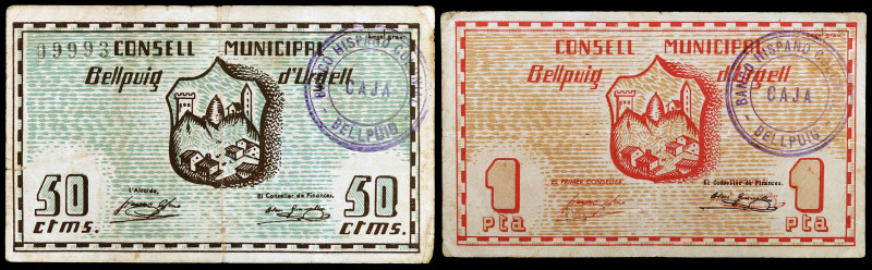 Bellpuig d'Urgell. 50 céntimos y 1 peseta. (T. 452e y 453). 2 billetes, serie co...