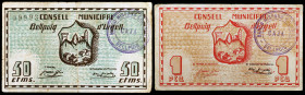 Bellpuig d'Urgell. 50 céntimos y 1 peseta. (T. 452e y 453). 2 billetes, serie completa. MBC-.