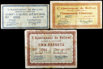 Bellvei del Penedès. 25, 50 céntimos y 1 peseta. (T. 460, 462 y 463). 3 billetes, el de 50 céntimos nº 0077. Escasos. BC/BC+.