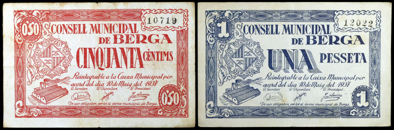 Berga. 50 céntimos y 1 peseta. (T. 500 y 501). 2 billetes, serie completa. BC+/M...