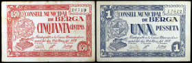 Berga. 50 céntimos y 1 peseta. (T. 500 y 501). 2 billetes, serie completa. BC+/MBC-.