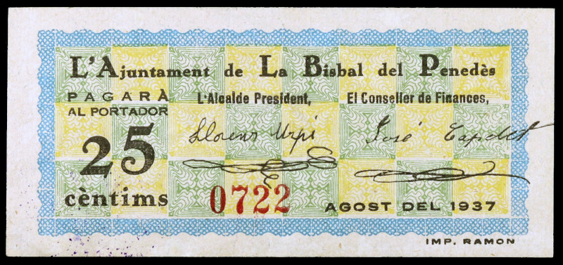 La Bisbal del Penedès. 25 céntimos. (T. 537). Escaso. MBC-.