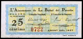 La Bisbal del Penedès. 25 céntimos. (T. 537). Escaso. MBC-.