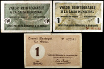 La Bisbal d'Empordà. 50 céntimos y 1 peseta (dos). (T. 540 a 542). 3 billetes, una serie completa. BC/BC+.