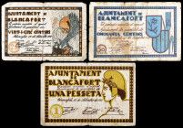 Blancafort. 25, 50 céntimos y 1 peseta. (T. 547 a 549). 3 billetes, serie completa. Numeraciones bajas: 000117, 000133 y 000264. Raro. BC/BC+.