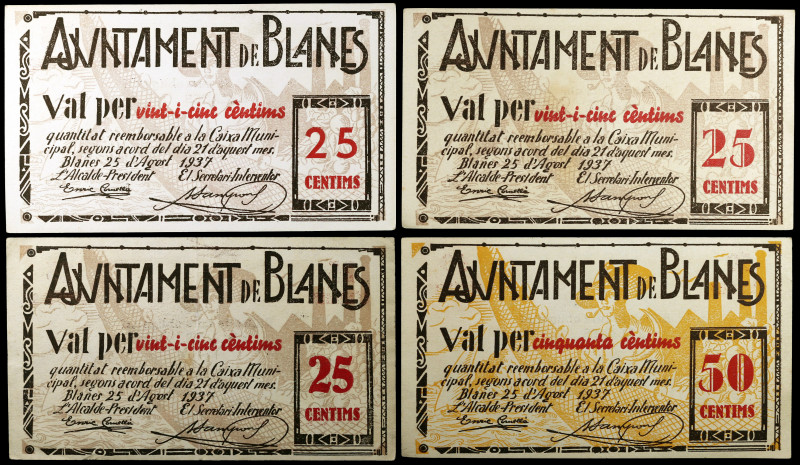 Blanes. 25 (tres) y 50 céntimos. (T. 552, 554, 555 y 558). 4 billetes. MBC+/EBC....