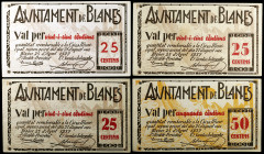Blanes. 25 (tres) y 50 céntimos. (T. 552, 554, 555 y 558). 4 billetes. MBC+/EBC.