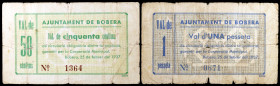 Bobera. 50 céntimos y 1 peseta. (T. 560 y 561). 2 billetes. Raros. BC-/BC.