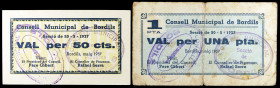 Bordils. 50 céntimos y 1 peseta. (T. 575 y 576). 2 billetes. BC/EBC.