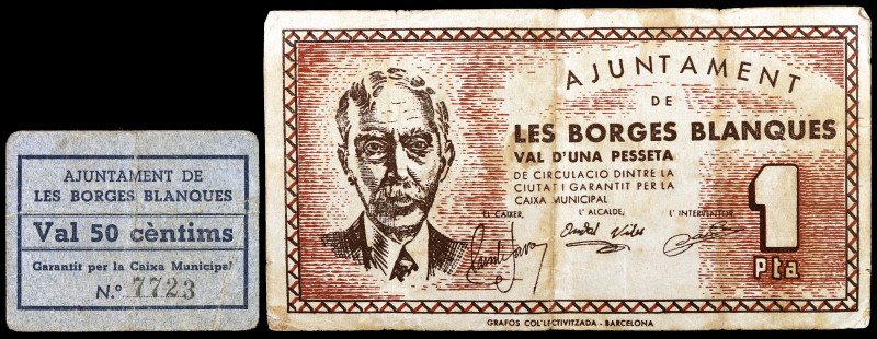 Les Borges Blanques. 50 céntimos y 1 peseta. (T. 582 y 583). Un billete y un car...