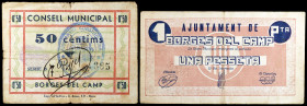 Les Borges del Camp. 50 céntimos y 1 peseta. (T. 584 y 586). 2 billetes. Muy raros. BC/MBC-.