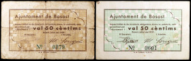 Bosost. 50 céntimos (dos). (T. 596 y 598). 2 billetes. Raros. BC/MBC-.