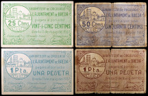 Breda. 25, 50 céntimos y 1 peseta (dos). (T. 623 a 626). 4 billetes, una serie completa. El de 1 peseta, serie B, nº 0003. Escasos. BC/EBC.