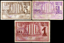 El Bruch. 25, 50 céntimos y 1 peseta. (T. 631, 632 var y 633). 3 billetes, serie completa. Los 50 céntimos sin tampón y los 25 céntimos nº 001000. BC/...