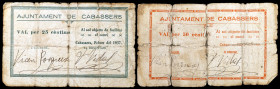 Cabassers. 25 y 50 céntimos. (T. 643 y 646a). 2 billetes. Rotos y pegados en la época. Muy raro. BC-.