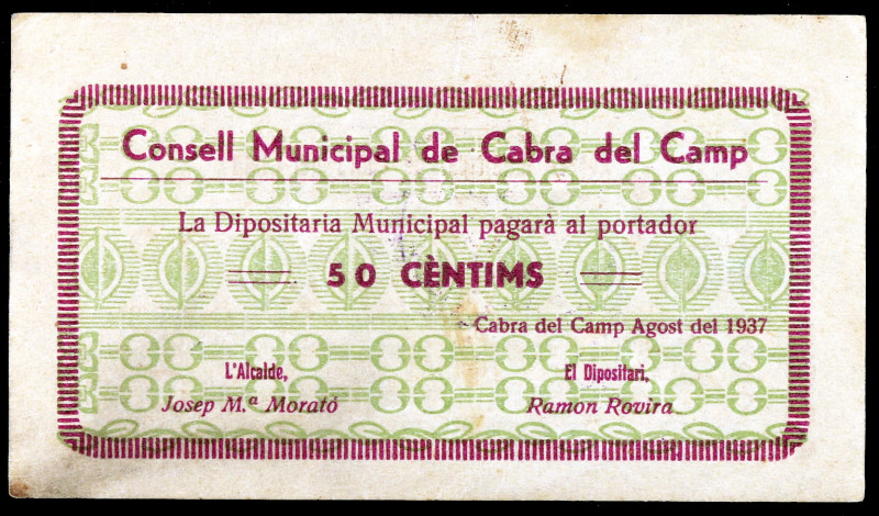 Cabra del Camp. 50 céntimos. (T. 650a). Escaso. MBC-.