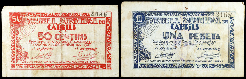Cabrils. 50 céntimos y 1 peseta. (T. 661a y 662a). 2 billetes, serie completa. B...