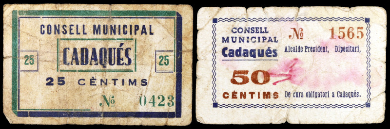 Cadaqués. 25 y 50 céntimos. (T. 668 y 672a). 2 cartones. Raros. BC-/BC.