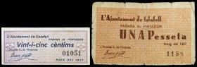 Calafell. 25 céntimos y 1 peseta. (T. 686a y 687b). 2 billetes, todos los de la localidad. BC/MBC-.